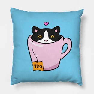 Sweet tuxedo cat in a tea cup Pillow