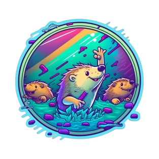 Cheeky Beavers Retrowave Neon Cartoon T-Shirt