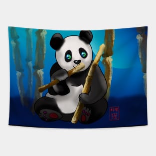 Adorably cute cartoon panda in a bamboo forest at night Tapestry