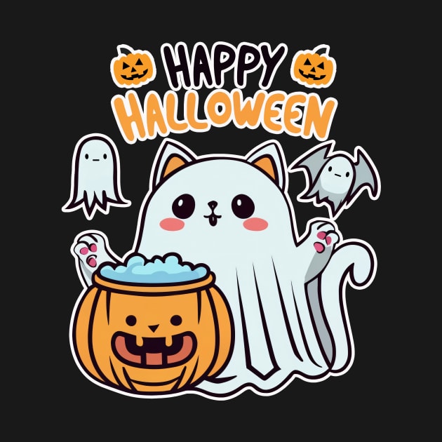 Kawaii ghost cat halloween day by fupi