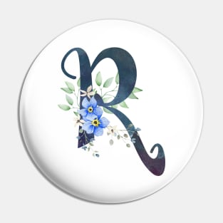 Floral Monogram R Wild Blue Flowers Pin