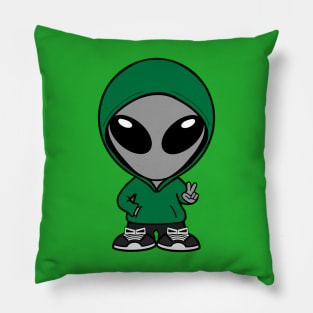 Casual Clothed Gray Alien Holding Up "Peace" Hand Sign Pillow