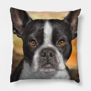 Painting of a Black and White Boston Terrier, with Orange Background Pillow