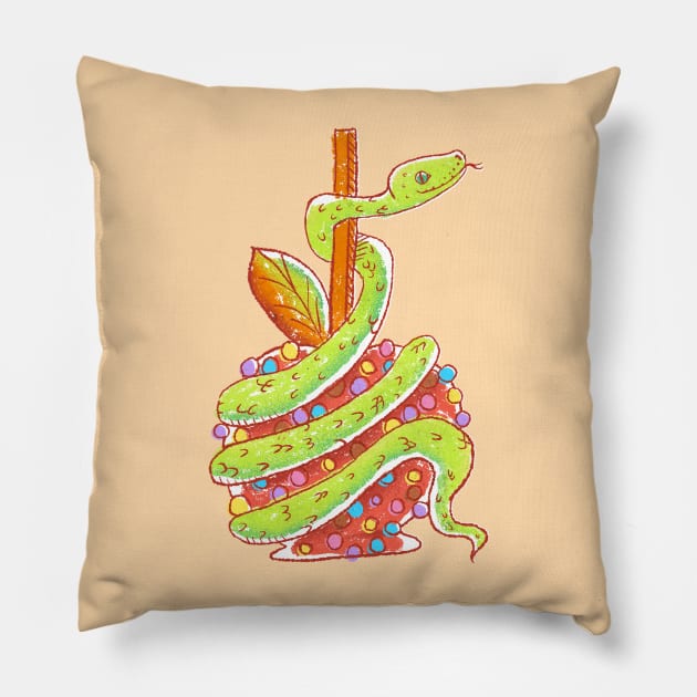 Green Snake on a Red Candy Apple Pillow by narwhalwall