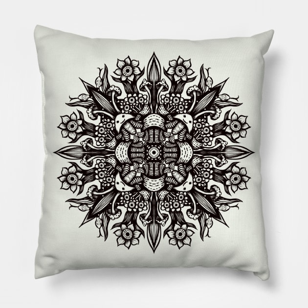 Trippy black and white psychedelic abstract mandala Pillow by Boriana Giormova