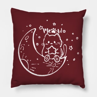 Cute Cat with Moon Cute Kitten Meow Illustration Pillow