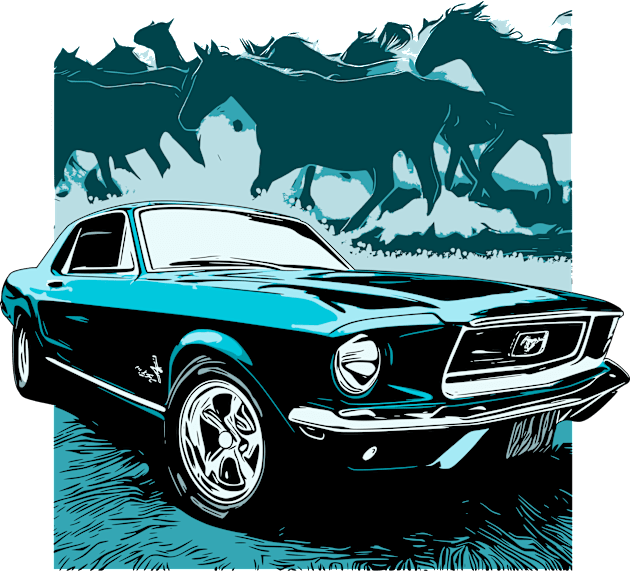 Blue 1968 Ford Mustang with Horses Kids T-Shirt by ZoeysGarage