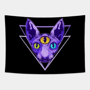 Vintage Vaporwave Purple Sphinx Cat With Third Eye Halloween Tapestry