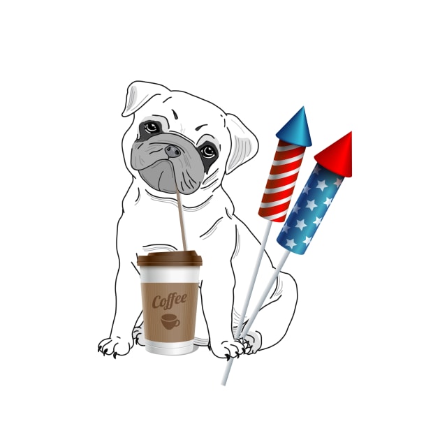 Pug Drinking Coffee with Fireworks by dcohea