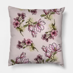 Pink Spring Flowers set, Art Nouveau flower pattern, nature, Magnolia and Cherry Blossom, Pastel, Watercolor style Pillow