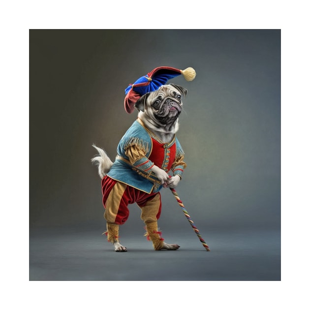 Pug Dog Jester Clown & Cane by candiscamera