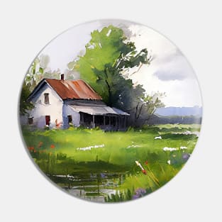 Watercolor of a pretty farmhouse in a field of wild flowers Pin