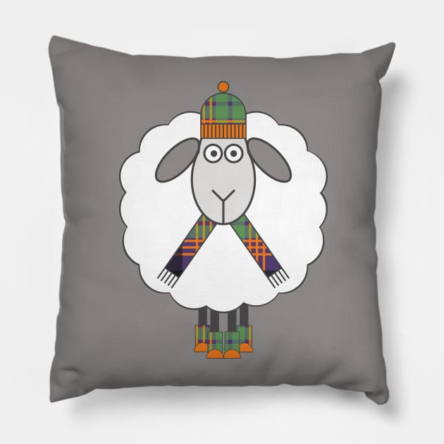 Cosy Winter Sheep with Orange, Green and Purple Tartan Hat, Scarf and Boots Pillow by MacPean