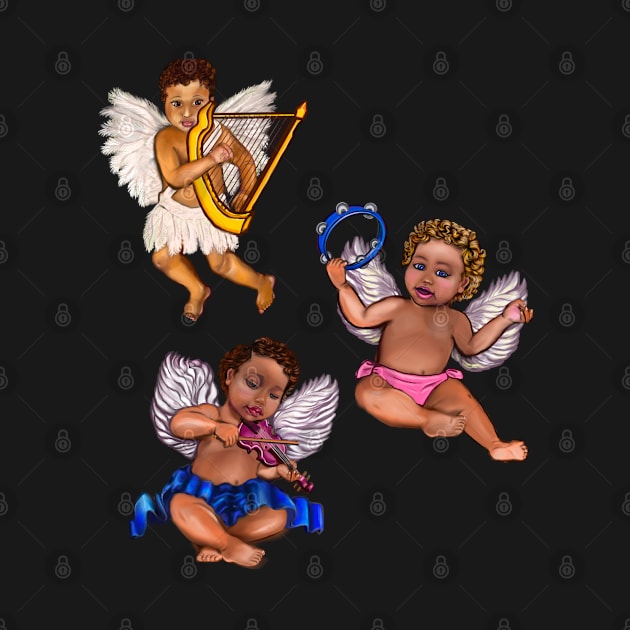 Orchestra of Curly haired Angels playing the tambourine, violin and harp - blissful Sun kissed curly haired Baby cherub angel classical art by Artonmytee