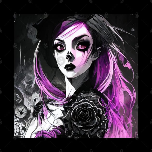 Emotional Contrast: Engaging Black and White Anime Girl Illustrations Gothic Goth Dark Pink Hair Violet by ShyPixels Arts