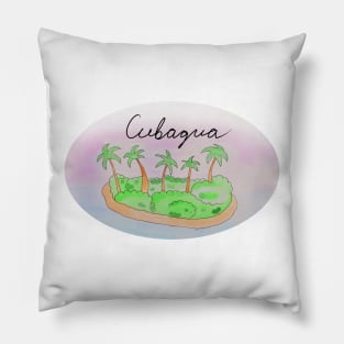 Cubagua watercolor Island travel, beach, sea and palm trees. Holidays and vacation, summer and relaxation Pillow