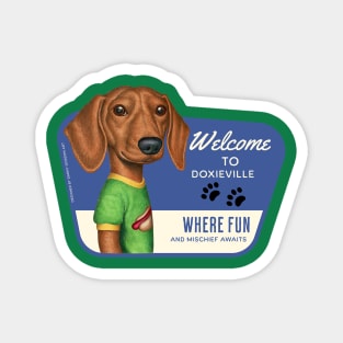 Cute Doxie with green tee in Doxieville, USA Magnet