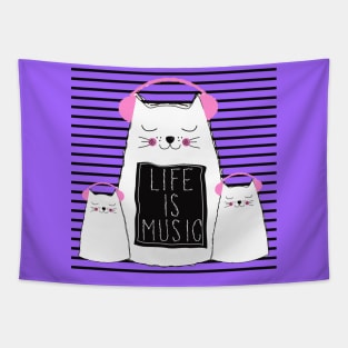 Music Is Life - Cute Cats Music Lover Quote Artwork Tapestry