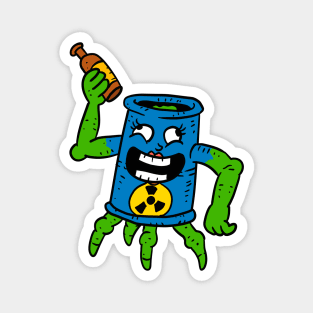 drinking nuclear waste barrel. power plant. silly cartoon. Magnet