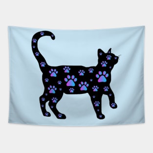 Blue Purple Paw Print Black Cat Silhouette Tapestry
