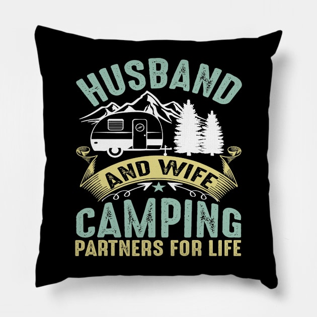 Husband And Wife Camping Partners For Life Camper Camping Pillow by omorihisoka