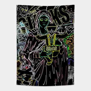 Dope Slluks chicken character chilling with virgin Mary montage black ink-pencil illustration Tapestry