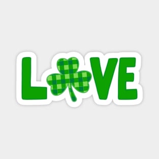 Love, Green typography with a green plaid shamrock Magnet