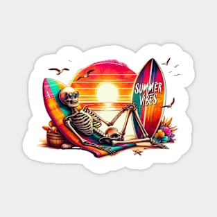 Summer Skeleton Relaxing by the Beach Sunset Surfboard Magnet