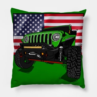 Jeep with American Flag - Green Essential Pillow