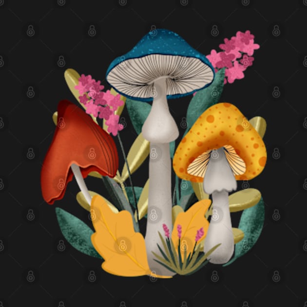 Whimsy Mushrooms in an autumn forest by BosskaDesign