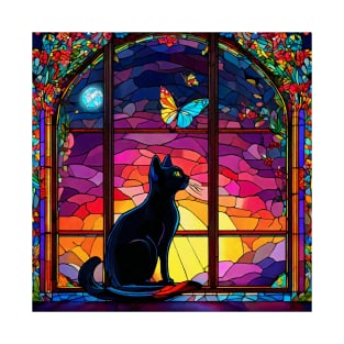 Black Cat Butterfly Stained Glass Style T-Shirt