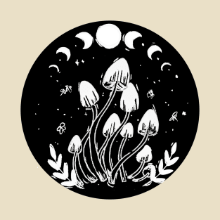 familiy mushroom black circle moon phase night magical fungus T-Shirt