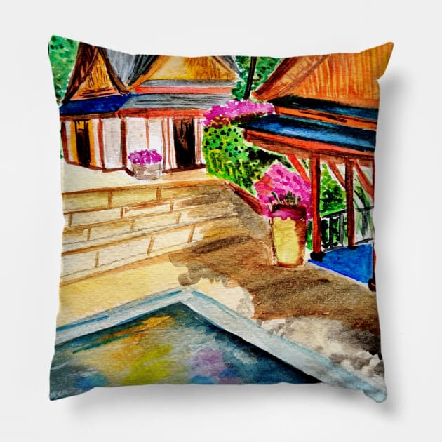 Amanpuri, Aman Hotels in watercolor Pillow by Ala Lopatniov