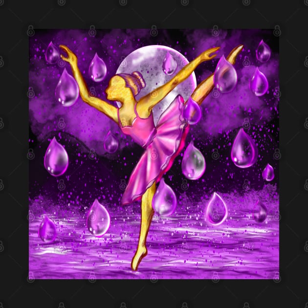 Ballerina dancing by the Full moon in the purple rain, midnight landscape with raindrops falling into Water by Artonmytee