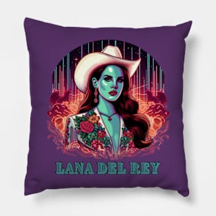 Neon Cowgirl Dreams: Lana Del Rey in Psychedelic Desert Nights w/ Lettering Pillow