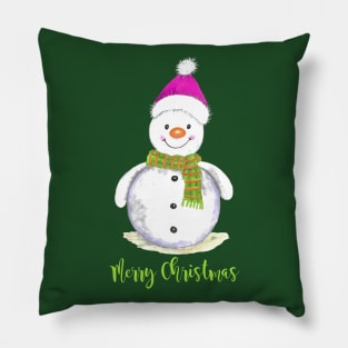 Merry christmas snowman with green scarf and pink hat Pillow