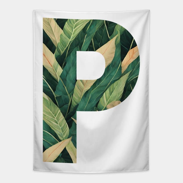 A pattern of vintage tropical leaves filling the letter p Tapestry by Studio468
