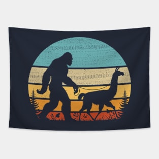 Bigfoot Walking Llama Vintage Retro Sunset Sasquatch Tapestry