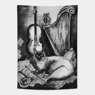 MUSICAL CAT AND OWL WITH MUSIC INSTRUMENTS In Black White Tapestry