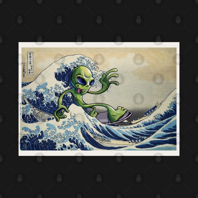 Alien surfing the Great Wave Off Kanagawa. Martian surfer. by Teessential