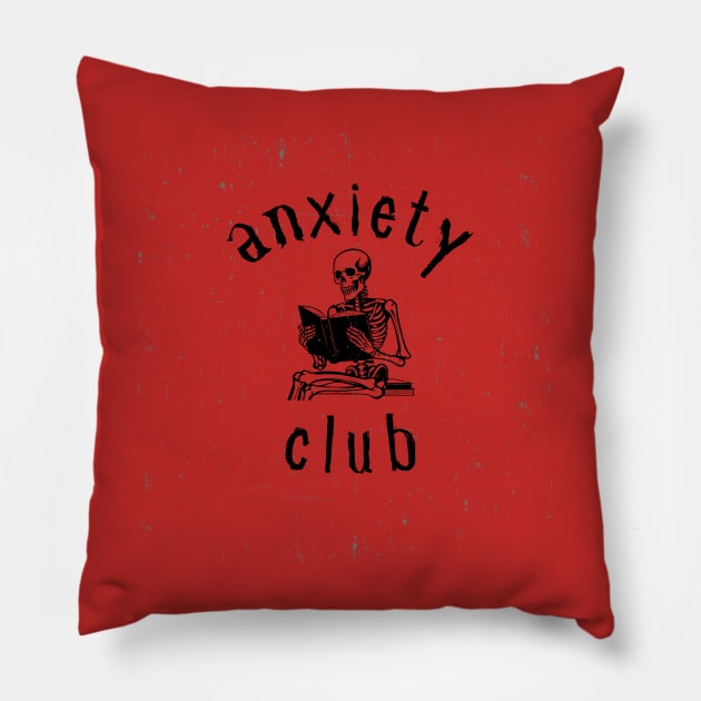 Anxiety Club Skeleton reading Pillow by FunGraphics