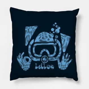 iDive OK DIve Buddy Scuba Diving Original Dive Art Diver Classic Blues Pillow