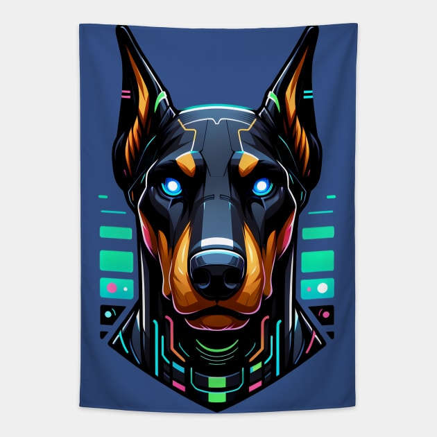 Cyberpunk Neon Furry Anthro Doberman Dog Tapestry by Blue Bull Bazaar
