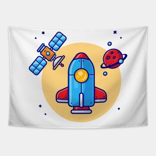 Space Shuttle Flying with Planet and Satellite Space Cartoon Vector Icon Illustration Tapestry