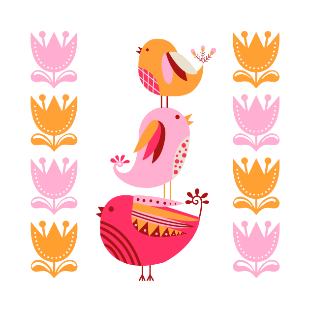 Happy Pink And Orange Birds And Blooms by LittleBunnySunshine