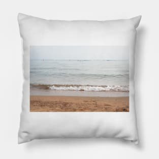 Pastel Blue Waves Washing Onto Sandy Beach in Summer Pillow