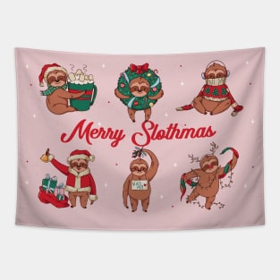 Merry Slothmas // Cute Christmas Sloth Cartoons Tapestry