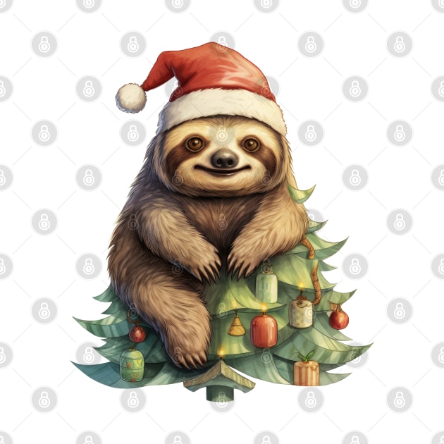 Christmas Sloth Climbing On The Pine Tree by Chromatic Fusion Studio