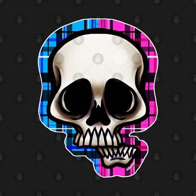 Pink and Blue Split Plaid Skull by Jan Grackle