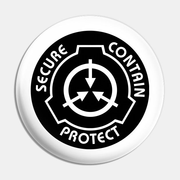 The symbol of the SCP Foundation in a crest variant containing their  unofficial motto of: Secure, contain, protect, if you're fa…